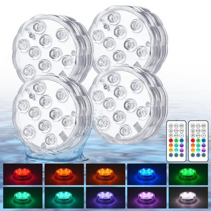 Creatrek Pool Lights with Remote, 10 Color Changing Pool Lights for Above Ground Pools, Battery Operated Submersible LED Lights for Pond, Bathtub, Hot Tub, Party, 4 Pack