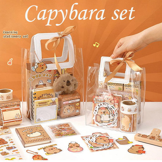 ERANC Capybara Stationery Set for Girls – Cute School Supplies Gift Bundle with Pencils, Notebook, Triangle Ruler, Stickers, Notepad, and Keychain Charm – Nice Gift for Kids (127Pcs)