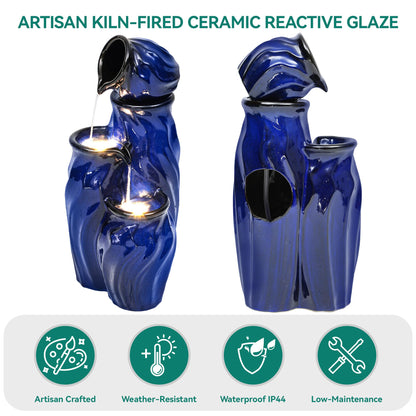 Ultym 29" Tall Ceramic Water Fountain Outdoor with LED Lights, 4-Tier Cascading Waterfall Garden Fountain, Ideal for Serene Relaxing Patio, Yard or Porch, Cobalt Blue Glaze, Dynamic Wave-Texture