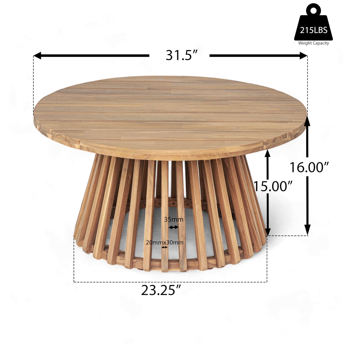 Christopher Knight Home Hakee Acacia Wood Patio Coffee Table, Round Coffee Table with Unique Wooden Base, Stylish Indoor/Outdoor Table, Easy Assembly, 31.5" x 31.5" x 16", Light Teak