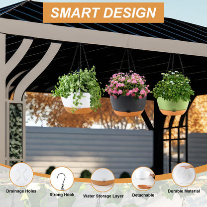 KPUVX 4 Pack Plastic Hanging planters for Indoor Plants,8 Inch Plant Pot Indoor Outdoor Hanging Baskets,Hanging Flower Pots with Drainage Holes and Chain for Garden Porch Plants(White)
