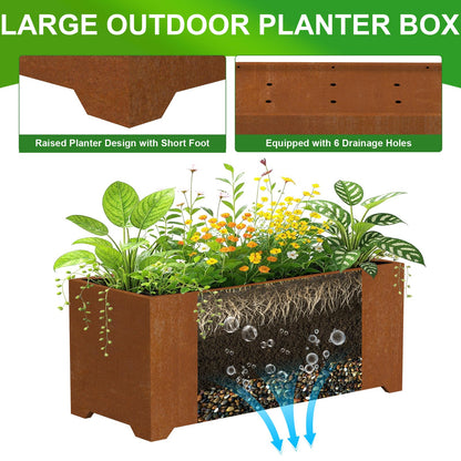 Gabviem Large Planters for Outdoor Plants 32"L x 15"W x 15"H, Co-rten Steel Planter Box with 6 Drainage Holes, Raised Bottom, All-Weather Garden Planter Box for Patio, Lawn, Commercial & Residential