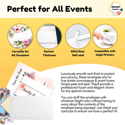 5x7 Envelopes for Invitations - 110 White Envelopes for 5x7 Cards - A7 - (5 ¼ x 7 ¼ inches) - Perfect for Weddings, Graduation, Baby Shower - 120 GSM - Peel, Press & Self Seal - Square Flap