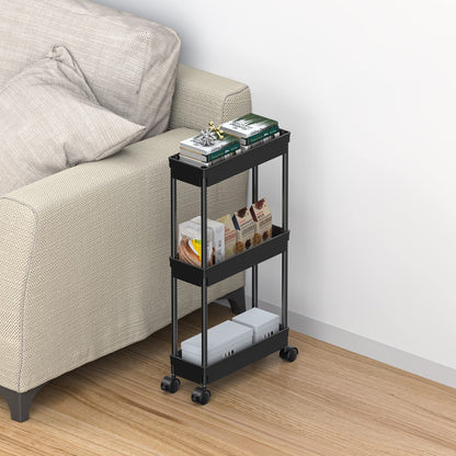 Sooyee 3-Tier Rolling Cart with Wheels, Slim Narrow Storage Cabinet, Under Desk Storage Organizer for Office, Bathroom, Kitchen, Laundry Room, Narrow Places, Black