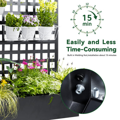 Metal Planter Box with Trellis, 71"x47"x16" Raised Garden Bed Outdoor with Privacy Screen & Lattice Trellis & Lockable Casters, Vertical Garden Box with Drainage Hole for Climbing Plants, Vegetable