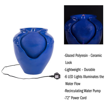 Jar Water Fountain – Indoor or Outdoor Ceramic-Look Glazed Pot Resin Water Feature with Electric Pump and LED Lights by Pure Garden (Cobalt Blue)
