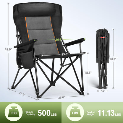 LET'S CAMP Oversized Camping Chairs 29.52" High Back Heavy Duty Lawn Chair Support 500LBS, Portable Collapsible Chair with Cup Holder, Side Pocket,2 Pack(Black)