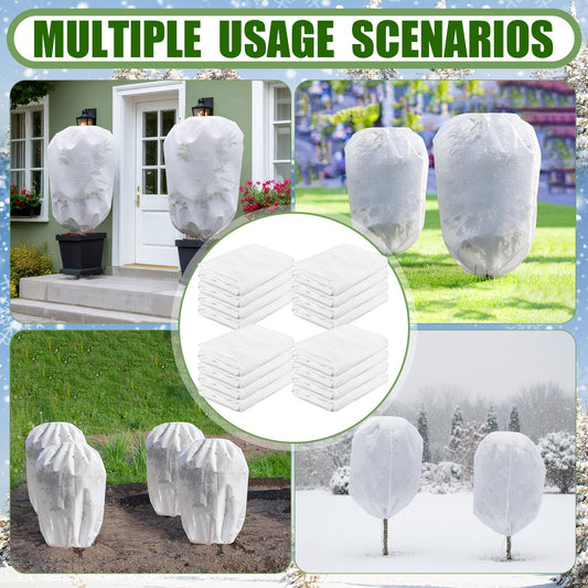SATINIOR 16 Pcs 32 x 47 Inch Plant Covers Freeze Protection, Reusable Plant Protector Frost Cloth Warm Blankets, Winter Bush Tree Cover with Drawstring Outdoor (White)
