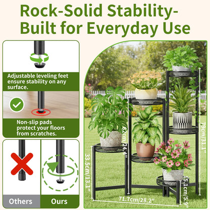 NQW 6 Tier Large Plant Stand Indoor with 7.9-Inch Wide Drainage Tray, Tiered Corner Metal Outdoor Flower Display Holder Shelf, Folding Tall Rack for House Patio Porch Balcony Graden - BlackFlower