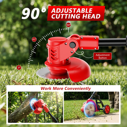Electric Weed Wacker Cordless, 4000mAh Weed Eater Battery Powered with Wheel, 4 in 1 Grass Trimmer/Heavy Duty Brush Cutter/Lawn Edger/Weed Trimmer, No String Trimmer with Blade, 2 Battery Garden Tool
