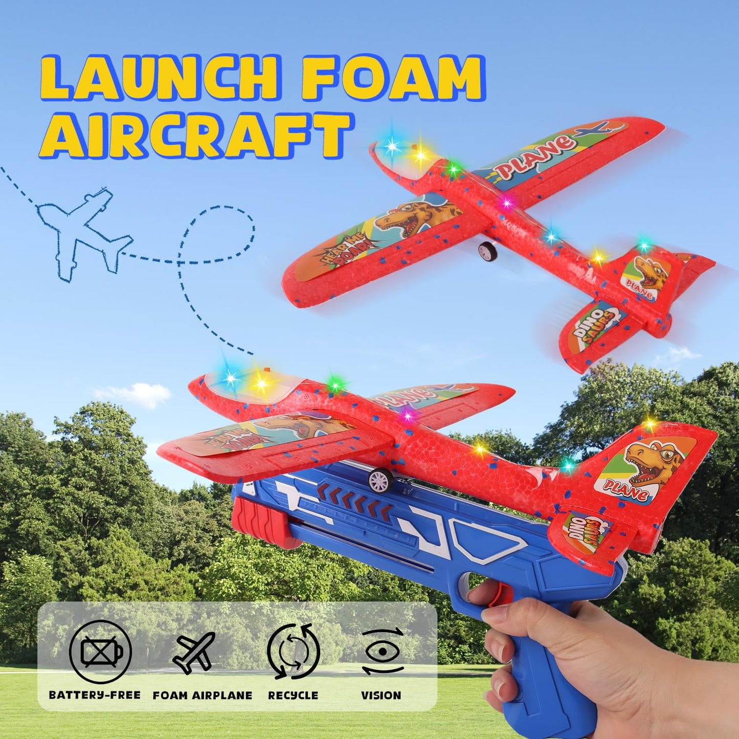 Foam Airplane Launcher Toy | 2-Count Foam Glider Planes for Kids | Kids Airplane Toy with LED Lights | Two Flying Modes - Horizontal & Rotating | Outdoor Toys for Boys & Girls Gift Ages 2+ Years Old