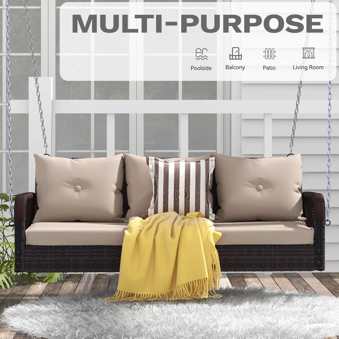 DWVO 3 Seats Porch Swing Hanging Bench Swing Outdoor Wicker Patio Swing Lounge Front Rattan 794lbs for Garden, Balcony, Brown&Beige