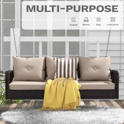 DWVO 3 Seats Porch Swing Hanging Bench Swing Outdoor Wicker Patio Swing Lounge Front Rattan 794lbs for Garden, Balcony, Brown&Beige