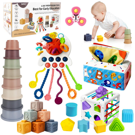EPOGG 6 in 1 Montessori Toys for Babies 6-12 Months Up - Incl Pull String Toy, Stacking Cups, Tissue Box, Suction Cup Spinner, Stacking Blocks,Activity Cube, Baby Toys for 1 2 3 Year Old