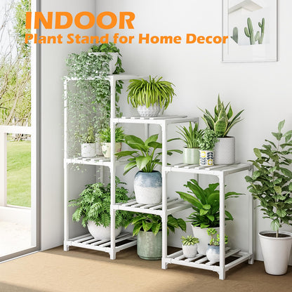 Bamworld Indoor Plant Stand Outdoor White Shelf Bamboo Plant Table for Multiple Plants 3 Tiers 7 Pots Ladder Holder Pot Window Garden Balcony Living Room