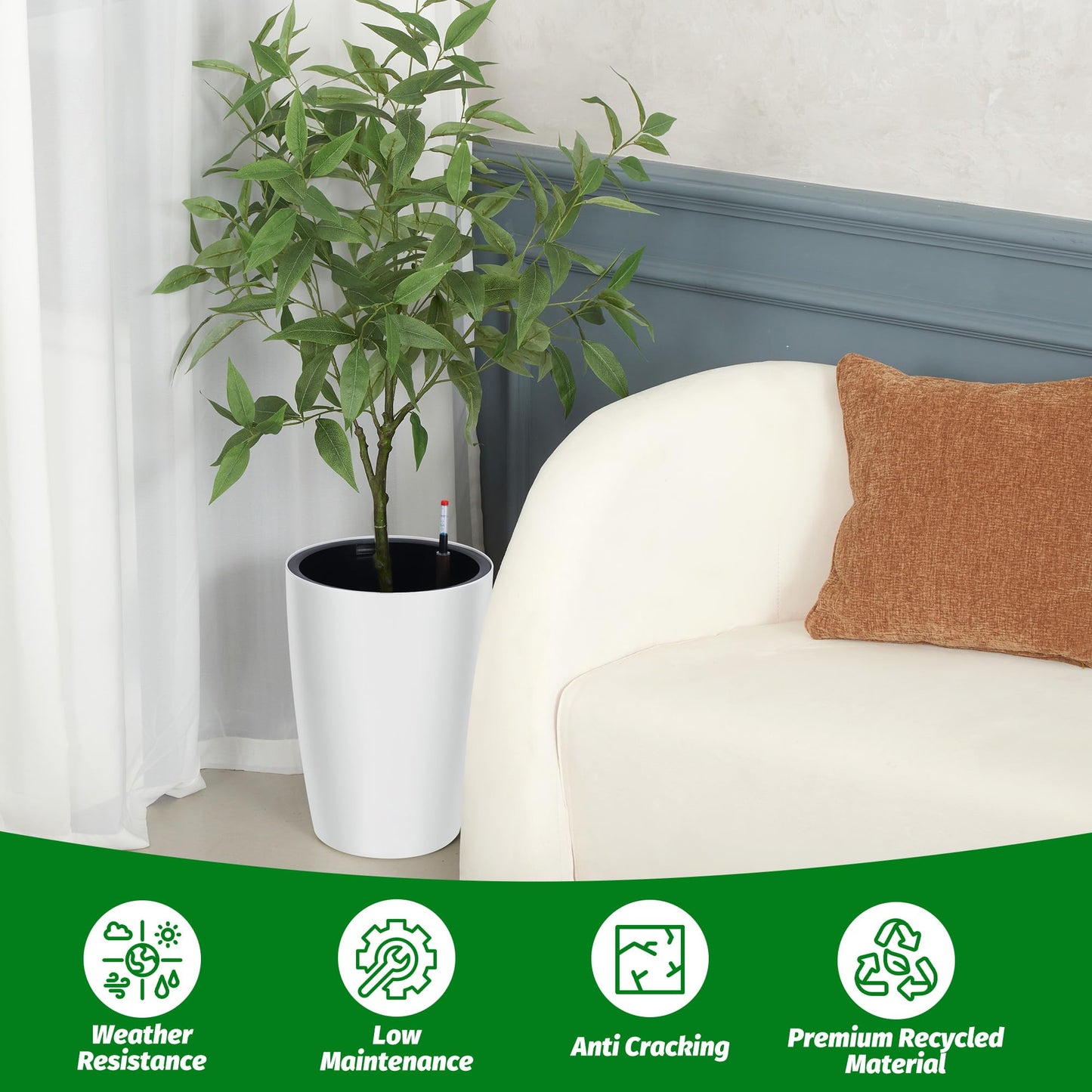Garvee Tall Planters for Outdoor Plants, 16 in Large Planters Set of 2, Outdoor & Indoor Planters with Water Level Monitor ＆ Inner Bucket, Automatic Watering, for Porch, Patio, Backyard, White