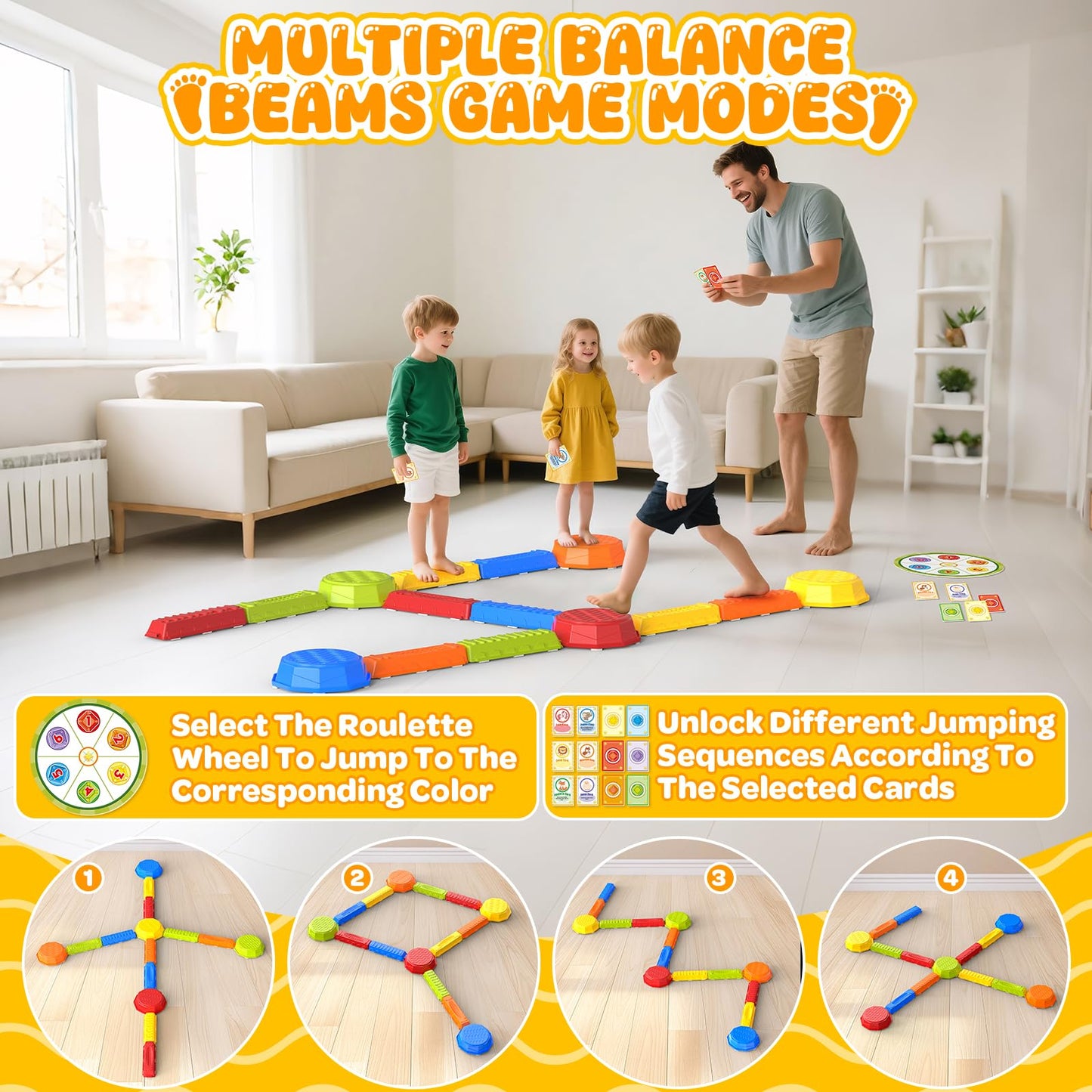 15PCS Rainbow Stepping Balance Beam Stones for Kids Toddlers - Indoor & Outdoor Sensory Toys for Outside Play Games,Without Light Up&Music Non-Slip Jumping Blocks for Obstacle Course Boy Girl Gifts