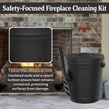 Ash Bucket - 4.75-Gallon Metal Bucket with Lid and Shovel for Fireplace or Firepit Ashes - Heat Resistant Fireplace Tools by Pure Garden (Black)