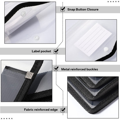 10 Pieces Plastic File Folders Envelope Expanding File Wallet Organizer Documents Folder with Snap Closure and Pocket B4 Waterproof Transparent Pouch for School Office(Black, White,Horizontal)