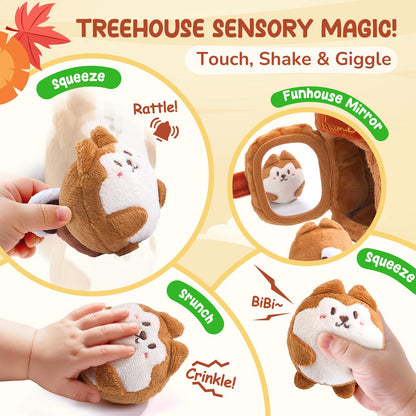 JoyCat Baby Toys 6-12 Months - Soft Baby Treehouse with 5 Sensory Squirrels - Rattle, Crinkle Paper, Squeaker, Mirror, Busy Montessori Soft Toys for Toddlers 0-3 Years Old - Easter Basket Stuffers