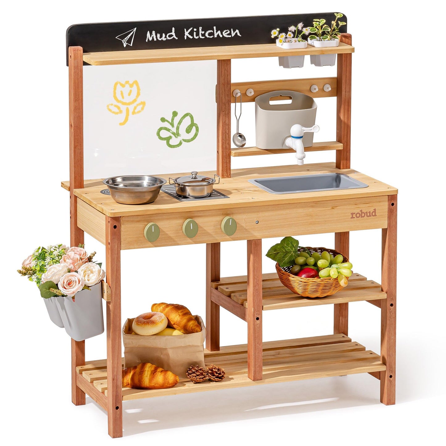 Robud Wooden Mud Kitchen for Kids, Outdoor Pretend Play Kitchen Set with Running Water Sink, Faucet, Planting Pots & Cooking Accessories, Educational Outdoor Toy Gift for Boys & Girls Ages 3+