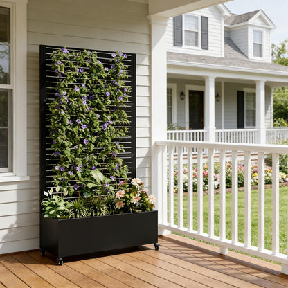 Beuiosda Metal Planter Box with Trellis Privacy Screen, Raised Garden Bed with 4 Wheels, Privacy Planters for Patio, Planter Box with Drainage Holes for Climbing Plants, Vegetables (Rectangle)