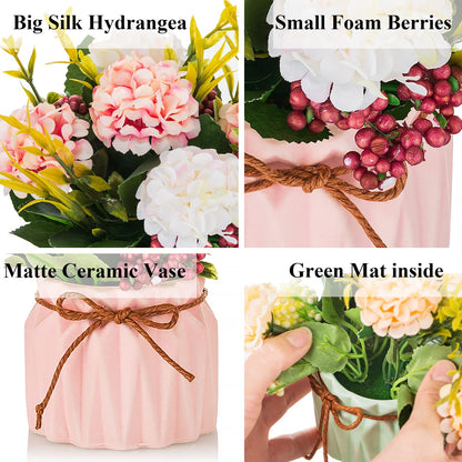 BLOSMON Fake Flowers in Vase for Centerpieces: 4 PCS 5.9 Inch Small Artificial Hydrangea with Vase Table Decor - Faux Floral Arrangements Desk Home Party Bathroom Office Decorations
