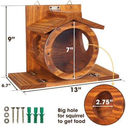 MIXUMON Wood Squirrel Feeder, Squirrel Feeders for Outside Winter, Wooden Chipmunk Feeder for Corn, Peanuts, Durable Box Easy to Fill with The Roof Can Be Opened