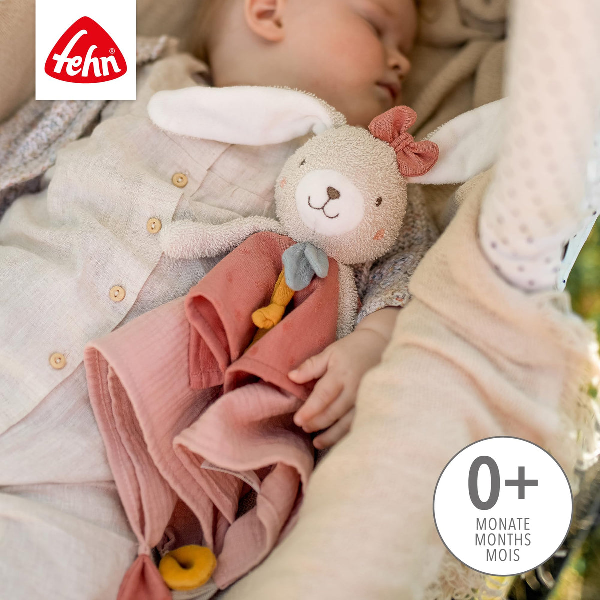 Fehn fehnNATUR rabbit cuddly toy, play companion and soft toy made of organic cotton with dummy chain, for babies and toddlers from 0+ months
