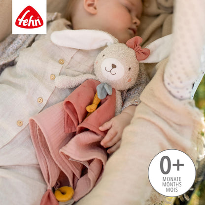 Fehn fehnNATUR rabbit cuddly toy, play companion and soft toy made of organic cotton with dummy chain, for babies and toddlers from 0+ months