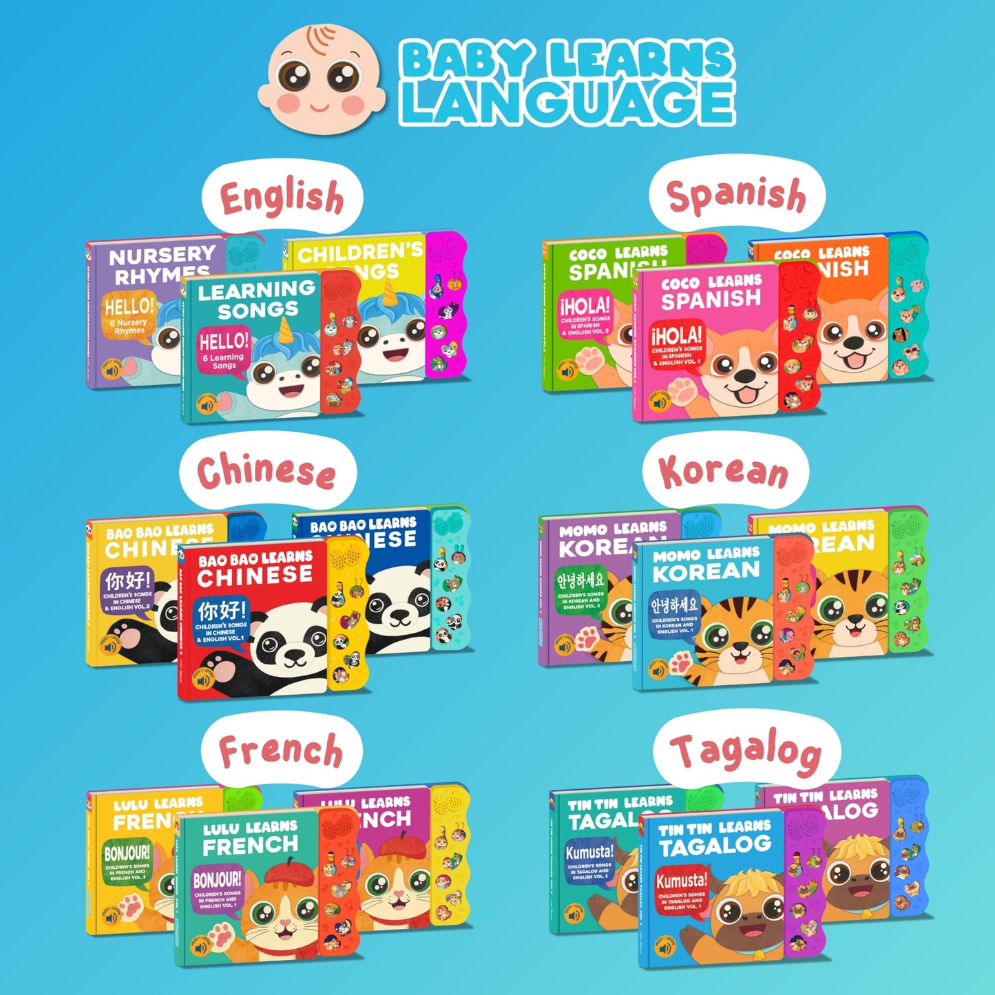 Tin Tin Learns Tagalog Vol. 1 — Interactive Sound Board Book for Toddlers 1-3, Bilingual English & Filipino Songs & Nursery Rhymes, Talking Musical Book, Musical Toy Gift for Babies & Kids