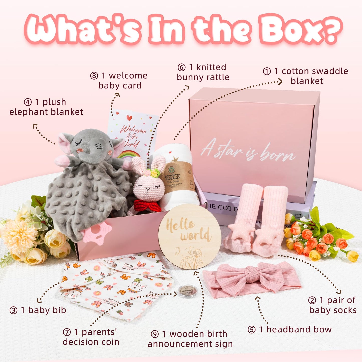 Totiro Newborn Baby Girl Gift, 9 Pcs Baby Gifts for Girls Newborn Essentials, New Baby Girl Gift Basket Baby Shower Gender Reveal Gifts, New Mom Gift Swaddle Blanket Bunny Rattle Gift Set