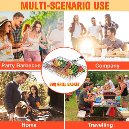 Grill Basket for Outdoor Grill, Stainless Steel Grilling Basket with Foldable Handle, Portable BBQ Cooking Rack for Fish, Vegetables, Shrimp, Chicken - Includes BBQ Skewers 6pcs,Basting Brush,Scrub Sponge-Upgrade