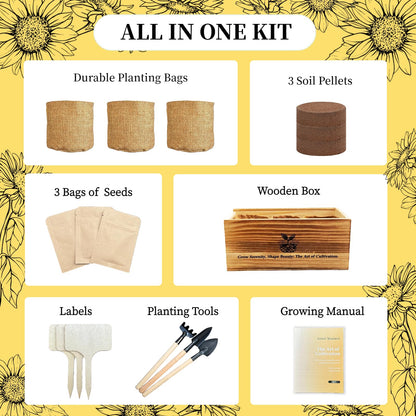 Flower Growing Kits, Windowsill Planting Kit with Planting Bags, Coir Soil & Tools Indoor Gardening Starter Kit with Seed(Sunflower, Zinnias & Marigold) Flower Gardening Gifts for Women & Men