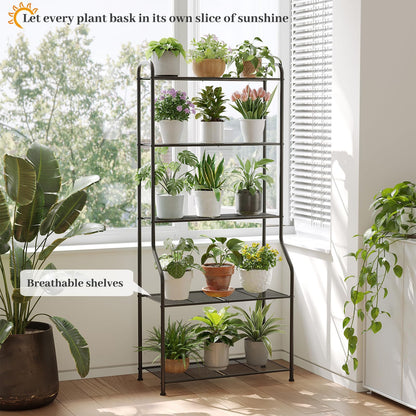 Kitsanery Plant Stand Indoor Outdoor for Multiple Plants, 5 Tier Tall Heavy Duty Metal Shelf, Large Flower Pot Holder Ladder for Garden, Patio, Living Room, Balcony, Black