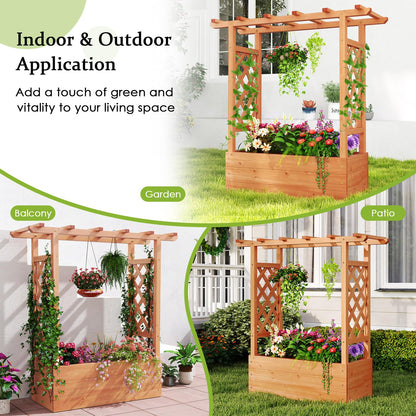 HAPPYGRILL Raised Garden Bed with Trellis, Freestanding Wood Planter Box w/Hanging Roof & 4 Drainage Holes for Vine, Climbing Plants, Flowers, Outdoor Planter with Trellis for Garden, Patio, Yard