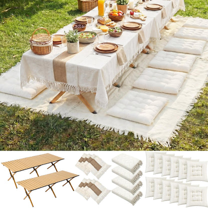 Novabright 20 Pcs Picnic Kit Folding Picnic Table 59'' x 20.5'' Large Outdoor Boho Blanket 91'' x 71'' Beige Table Runner 6 Floor Pillows Cushions Woven Cotton Oversize Washable for Camp Wedding