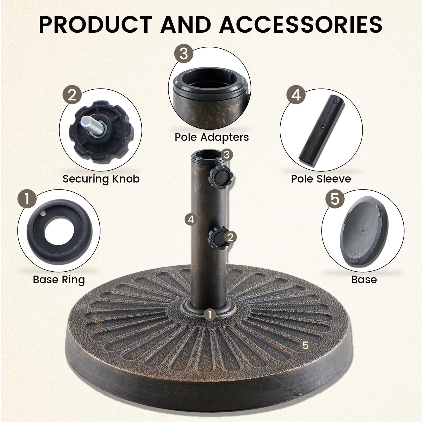 DUMOS 30LBS Heavy-Duty Outdoor Umbrella Base, Weather-Resistant Resin Patio Umbrella Stand, Rust-Proof Coated Umbrella Holder for Garden/Pool/Backyard, 2 Securing Knobs, 2 Pole Adapters, Bronze