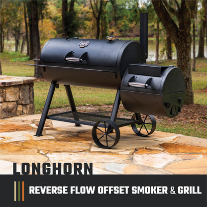 Oklahoma Joe's Longhorn Reverse Flow Offset Charcoal Smoker and Grill with 1060 sq. in. Cooking Area in Black