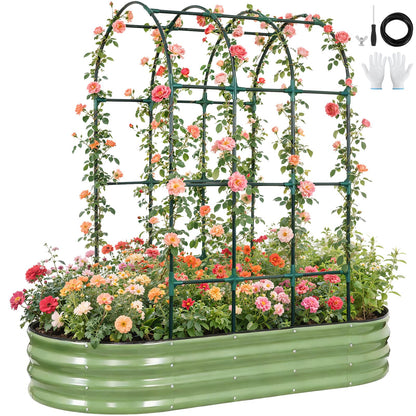 VIREO GARDEN Galvanized Raised Garden Bed with Arched Trellis | 6x3x1FT Metal Raised Garden Beds Outdoor for Gardening Climbing Plant | Planter Box Outdoor with Gloves for Vegetable Flower, OliveGreen