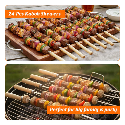 WRENYZK 24 Pcs Barbecue Skewers with Wooden Handles, Kabob Skewers for Grilling, 15.75" Stainless Steel BBQ Skewer with Basting Brush, Kabob Skewers Skewer Sticks for Camping or family