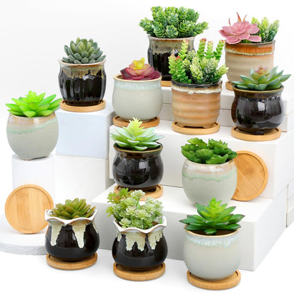 Remerry 12 Pcs Small Succulent Pots Bulk with Drainage Assorted 3.5 Inch Mini Ceramic Succulent Planters Pot with Coaster Bamboo Plant Tray Planting Pots for Home Office Garden