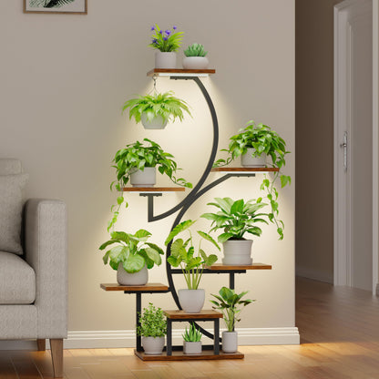 BACEKOLL Plant Stand Indoor with Grow Lights, 7 Tiered Plant Shelf Indoor, 44" Corner Plant Stands for Indoor Plants, Tall Plant Flower Display Shelf, S-Shaped Plant Rack for Home, Living Room, Black