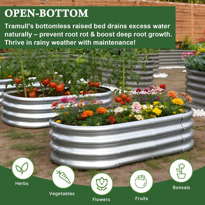 Tramull 4x2x1 ft Galvanized Raised Garden Bed Outdoor, 4-Pack 12" Tall Metal Planter Boxes for Planting Vegetables, Flowers, Herbs, Tomato - Corrugated Rust-Resistant Elevated Garden Beds Kit, Silver