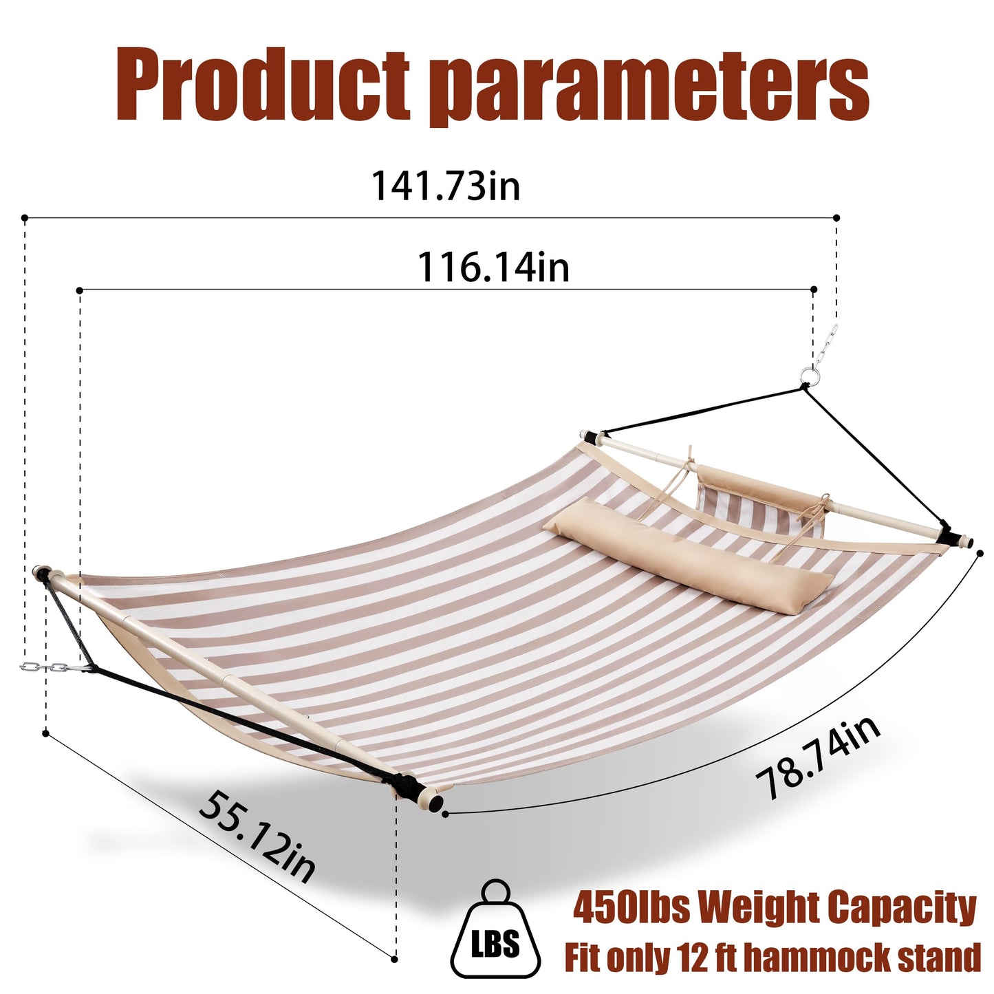 TegerDeger Anti-flip 12FT Hammock Large Hammock 450LB Capacity with Iron Spreader Bar & Nylon Rope for Outside, Patio, Garden, Backyard, Beach - Beige Strips