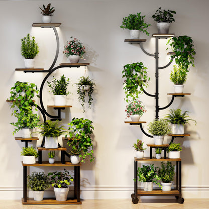 Plant Stand Indoor with Grow Lights - 9-Tier Curved Plant Stand, Tall Metal and Wood Indoor Plant Shelf with Unique Arched Design, Multi-Tier Flower Pot Holder Rack with Waterproof Finish, 63" Tall for Living Room, Balcony, and Garden