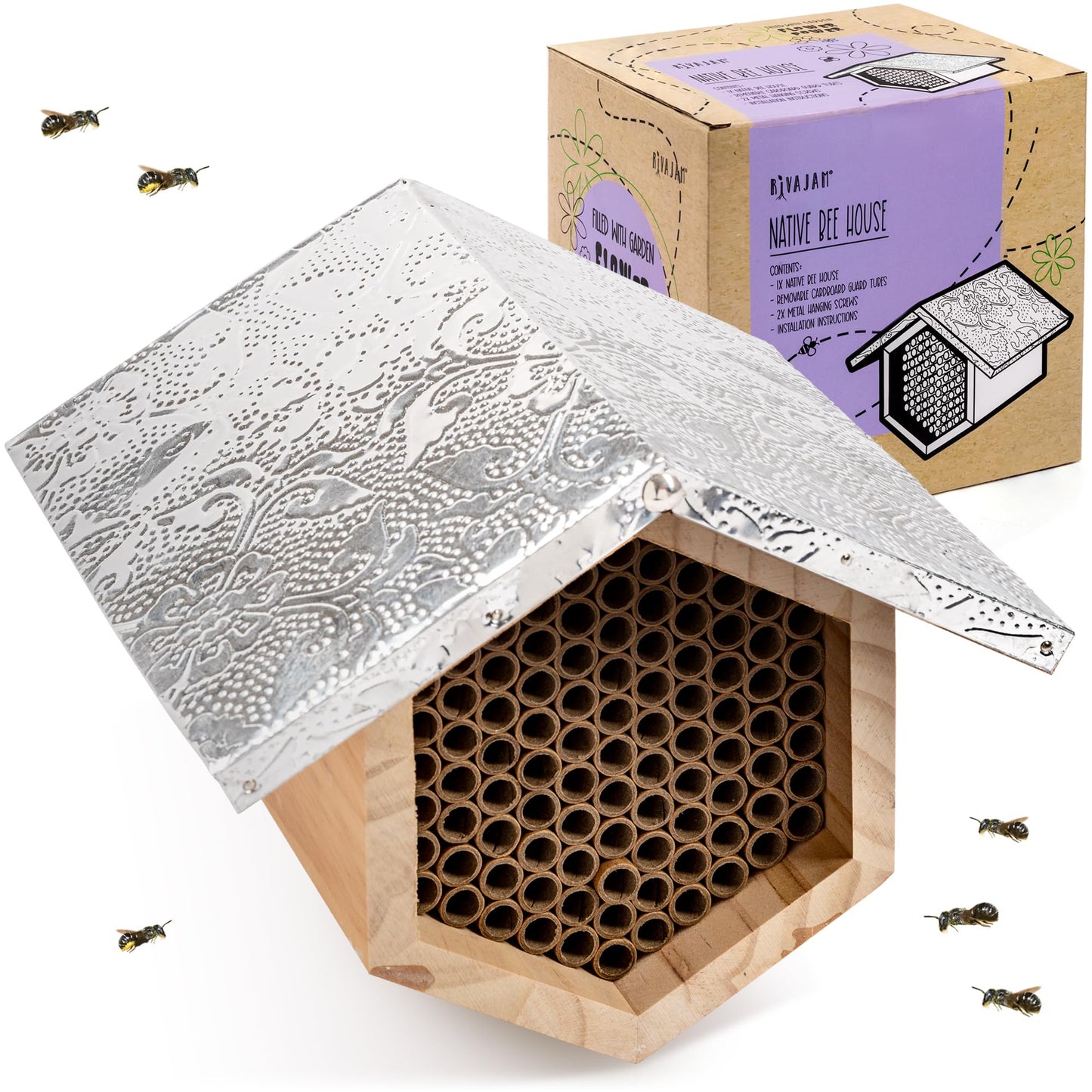 Rivajam Beekeeper Pro Mach II Mason Bee House - Strong + Waterproof Bee Hotel & Insect Habitat - Replaceable Mason Bee Tubes Filled Bee Houses for the Garden - Pollinator House Gardening Gifts