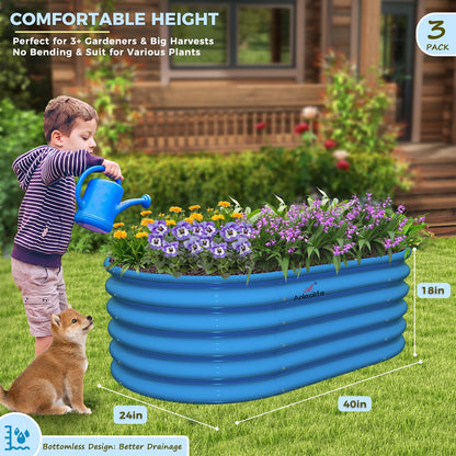 A ANLEOLIFE Kids Mini Raised Garden Beds Outdoor (3-Pack)-40x24x18in Oval Round Galvanized Metal Planter Box for Planting Vegetables, Flowers, Fruits, Eco-Safe & Easy Setup, Sky Blue