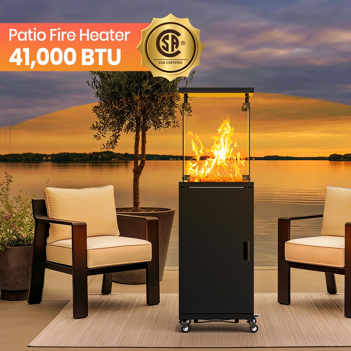 PATIOPIA 41,000 BTU Patio Heater,Propane Outdoor Heater With Cover,CSA Certificated, Lockable Wheels,Tempered Glass, Patio,Backyard,Balcony,Poolside, Inky