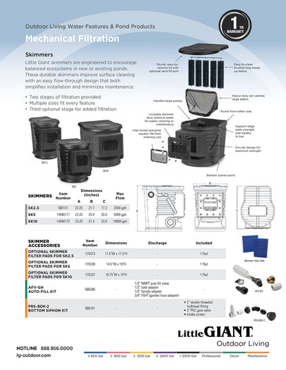 Little Giant SK2.5 2500 Gallon Per Hour Pond Skimmer, Black 566131